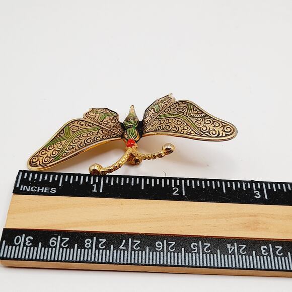 Vintage Damascene Butterfly Brooch, Gold Tone Green Black Red Enamel – 2 ¾” - Picture 8 of 9